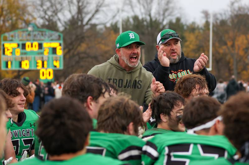 Coach of Dwight/Gardner-South Wilmington talks to team after win on Saturday, November 9, 2024 at Dwight High School in Dwight.