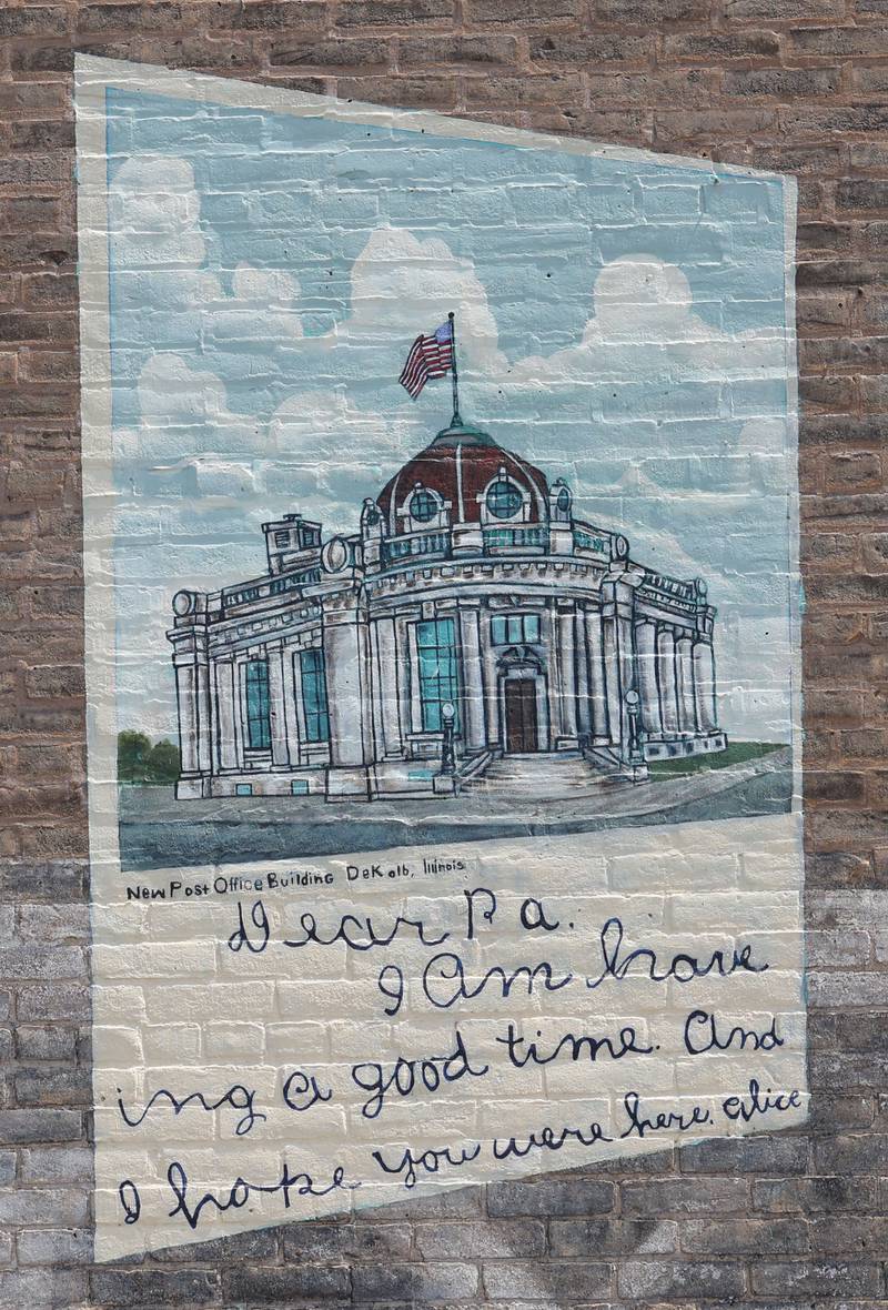 A detail of the mural titled “Its Merits Recommend It...” by artist Olivia Gude Tuesday, July 22, 2025. The artwork graces the side of the building at the corner of Lincoln Highway and First Street in DeKalb.