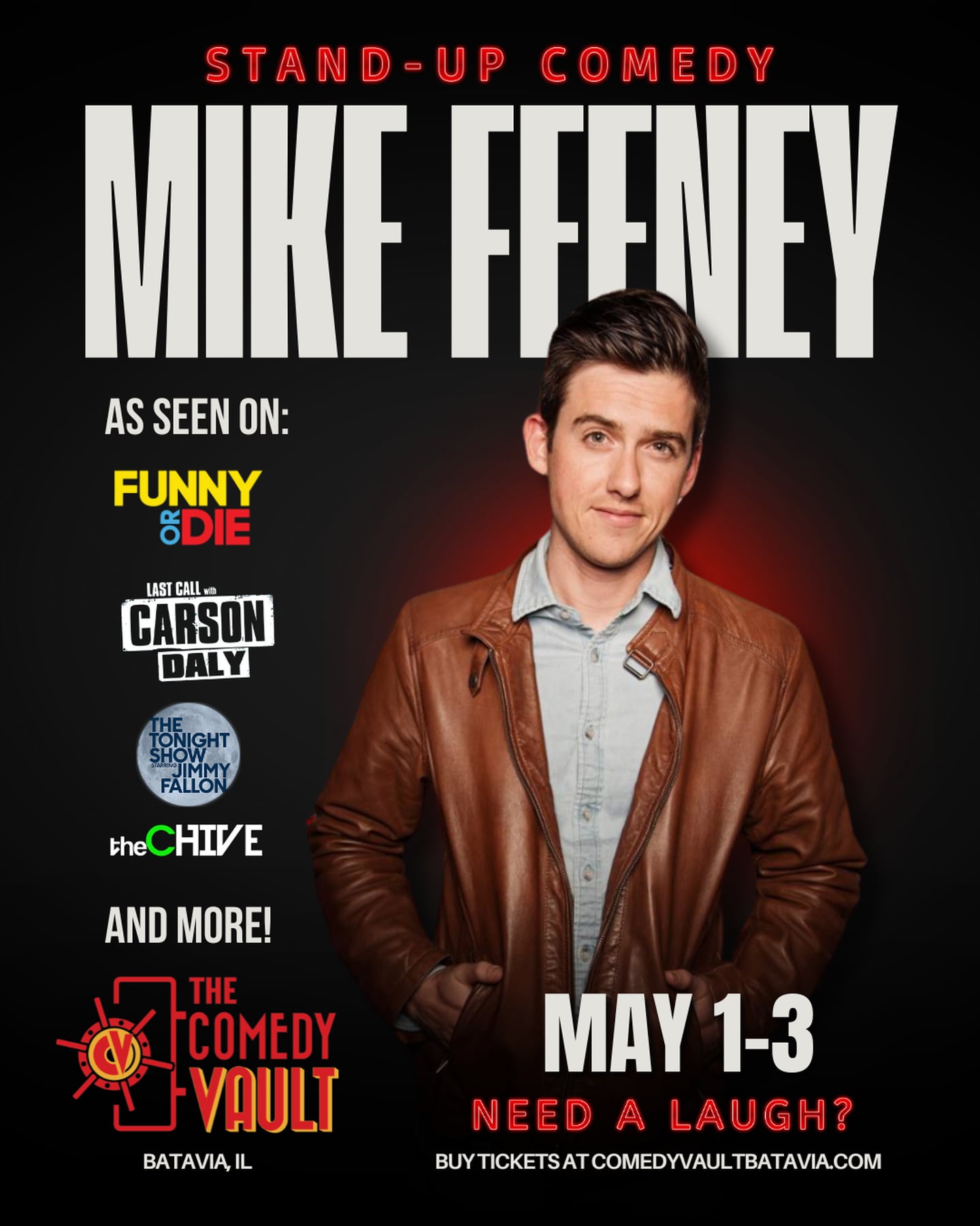 Comedian Mike Feeney will perform at The Comedy Vault in Batavia May 1-3.