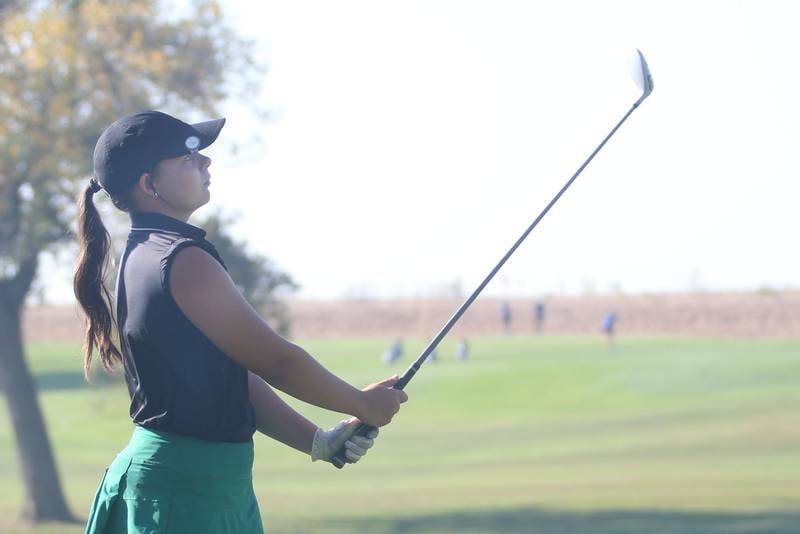 Seneca's Haiden Lavarier tees off during the Class 1A Regionals on Tuesday, Sept. 30, 2025 at Spring Creek Golf Course in Spring Valley.