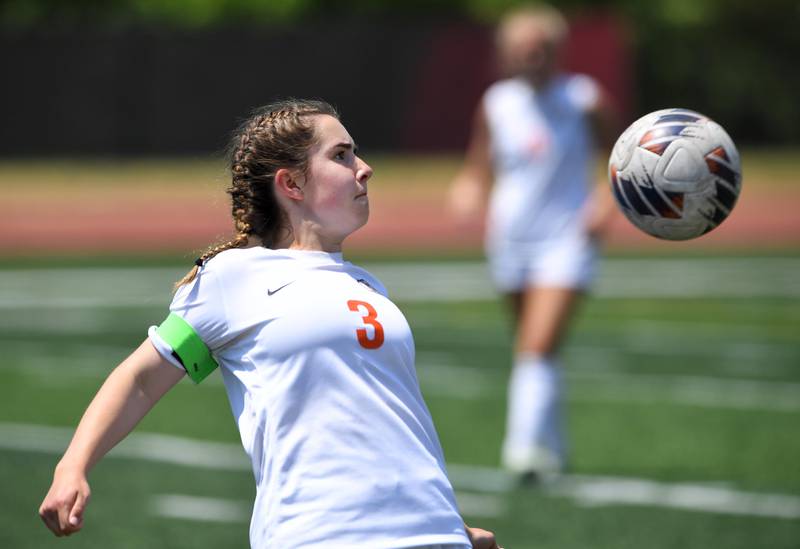 Crystal Lake Central’s Katie Barth controls the ball against De La Salle in the IHSA girls Class 2A third-place soccer game at North Central College in Naperville on Saturday, June 3, 2023.
