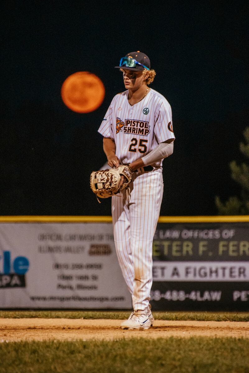 Will Ashley sets up at first base during the Illinois Valley Pistol Shrimp's 9-8 loss to the Springfield Lucky Horseshoes on Friday, June 21, 2024 at Schweickert Stadium in Peru.