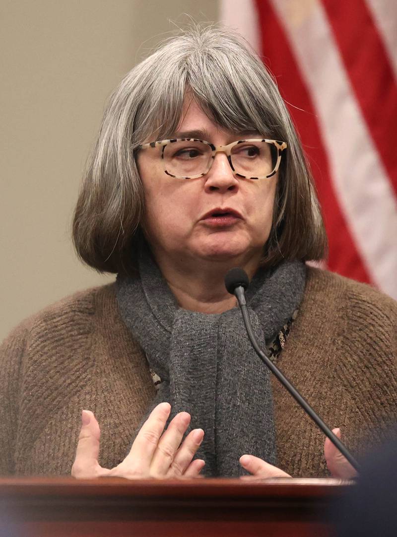 Laura Hurst, of Texas, older sister of Jonathan D. Hurst, testifies as a character witness Thursday, Jan. 30, 2025, during day six of the Hurst trial at the DeKalb County Courthouse in Sycamore. Hurst is charged in the 2016 killings of elderly mother and son Patricia and Robert Wilson in Sycamore.