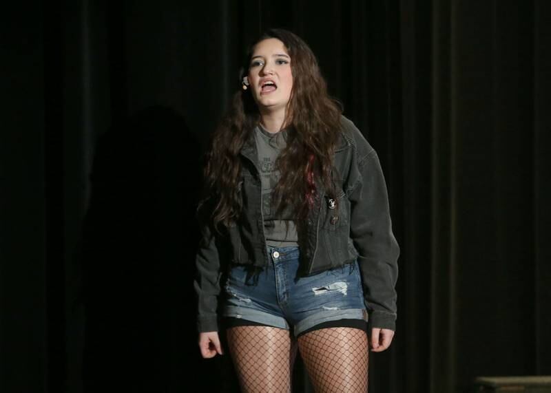 Janis Sarkisian played by Lily Salcido acts out a scene during a rehearsal of “Mean Girls-High School Version" on Monday, March 10, 2025 in Matthiessen Auditorium at La Salle-Peru Township High School.