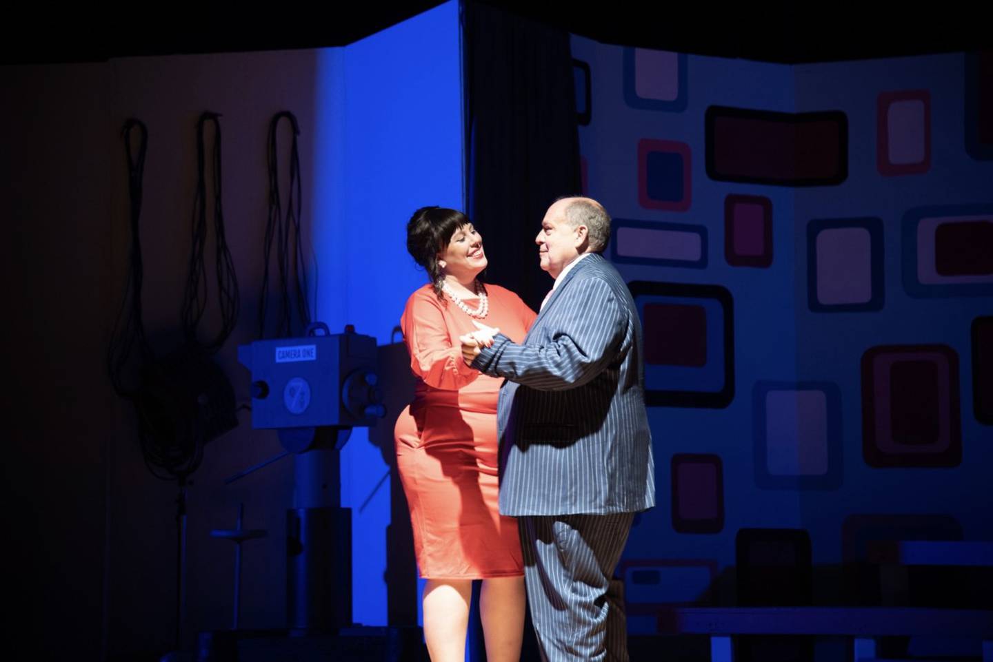 Megan Cullinan, as Paula Abagnale, and Joel Stevenor, as Frank Abignale Sr., rehearse a scene of Engle Lane's "Catch Me If You Can."