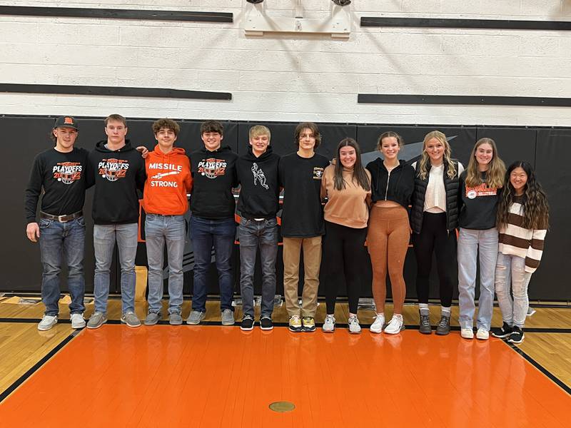 Senior athletes for Milledgeville are pictured here, left to right: Eric Ebersole, Kolton Wilk, Zach Pauley, Cayden Akers, Bryce Aude, Kacen Johnson, Carlynn Hackbarth, Lily Smith, Lydia Faulkner, Emma Foster, and Caley Munz.
