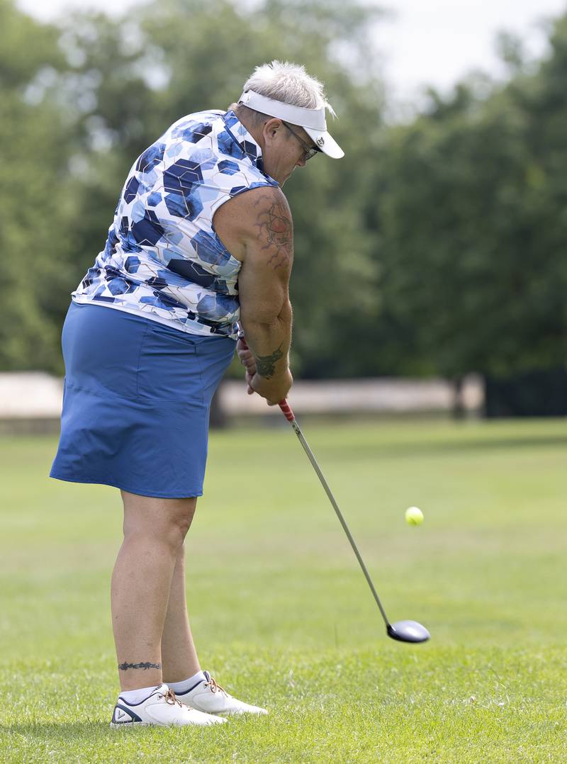 Jessica Janes of Sunset tees off on #5 Friday, July 11, 2025, during the 102nd annual Ladies Lincoln Highway golf tournament at Timber Creek Golf Club in Dixon.