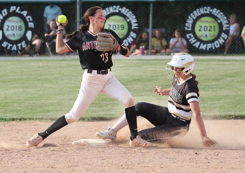 Sycamore's Brighton Snodgrass is forced out at second as Antioch's Jadynn Ruiz tries to turn the double play during their Class 3A supersectional Monday, June 3, 2024, at Kaneland High School in Maple Park.