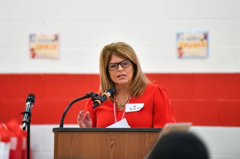 Bradley Elementary District 61 curriculum director Rebecca Selk speaks Tuesday at a community stakeholder event at Bradley West Elementary.