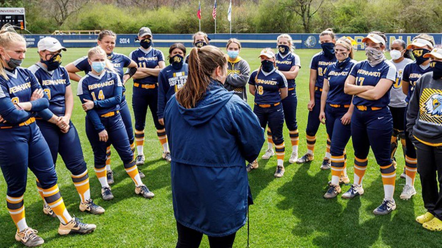 Jade Geuther addresses her softball team Reinhardt University in Waleska, Ga. last spring. The LaMoille native was severely injured in an Dec. 22, 2021 auto accident. A GoFundMe Page has been set up in her behalf as she recovers from her multiple injuries.