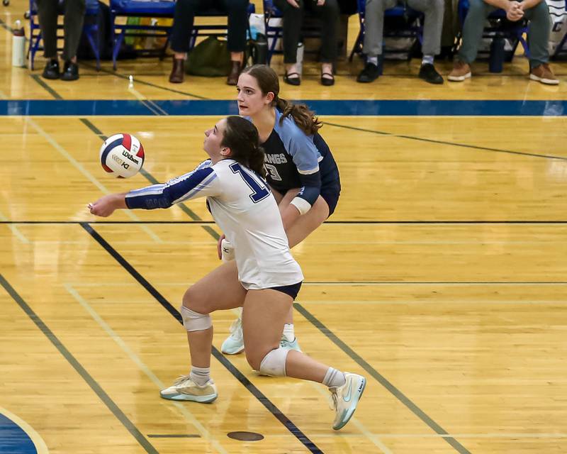 Downers Grove South's Keegan Okeefe (12) bumps the ball during Class 4A Riverside-Brookfield Supersectional match between Lockport at Downers Grove South.  Nov 11, 2024  in Riverside.