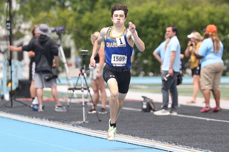 Aurora Central Catholic’s Patrick Hilby takes first uncontested in the Class 2A 800 Meter State Finals on Saturday, May 27, 2023 in Charleston.