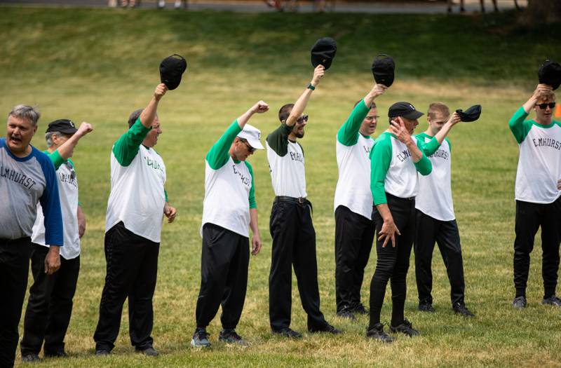 Players chant Huzzah before the Elmhurst Heritage Foundation's Vintage Baseball Game at Elmhurst University Mall on Sunday, June 4, 2023.