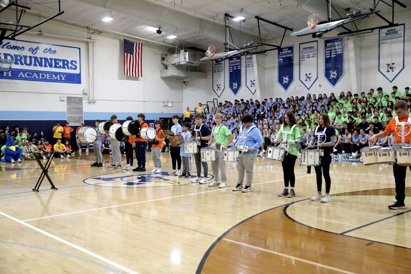 The Nazareth Drum Line performs on Friday, Sept. 27, 2024 during the La Grange Park school’s annual Homecoming Pep Rally.