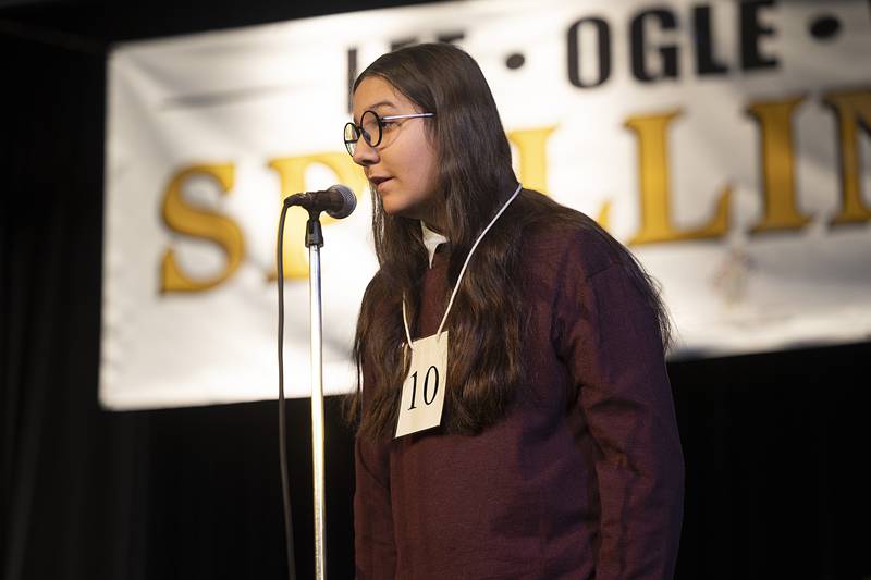 Julius Jones of Amboy Jr. High competes Thursday, Feb. 19, 2026, during the Lee-Ogle-Whiteside County Regional Spelling Bee. Jones missed in round 3 on the word foible.