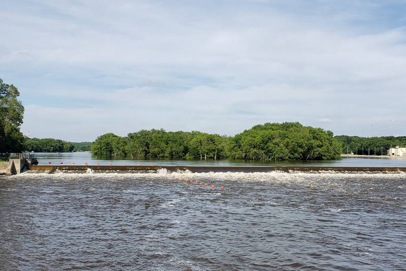 The island above the dam, as seen from the Galena Avenue bridge.