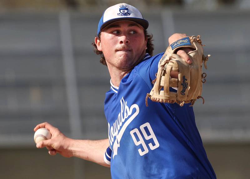 Hinckley-Big Rock's Martin Ledbetter delivers a pitch Tuesday, April 29, 2025, during their game at Hiawatha High School in Kirkland.