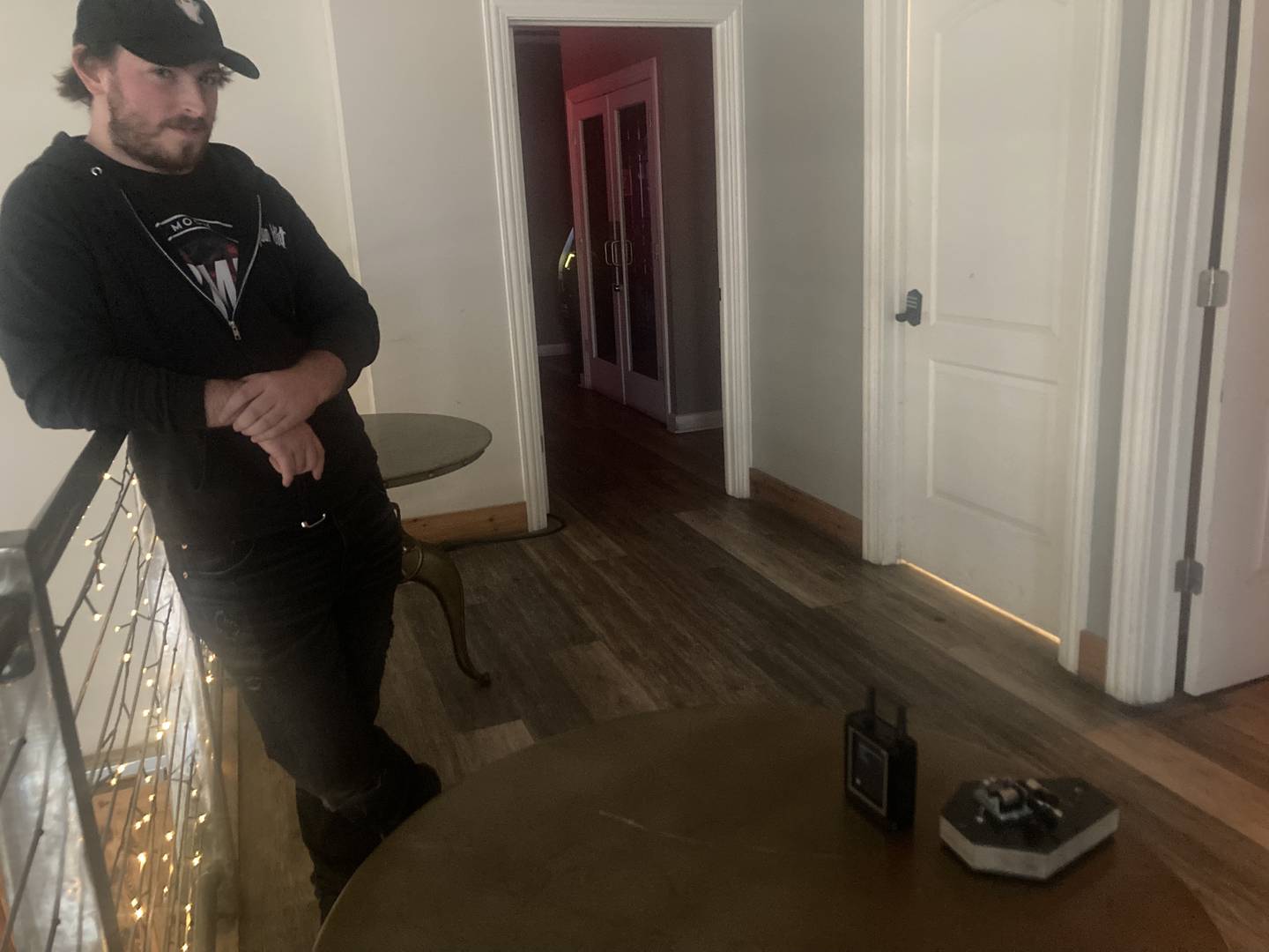 Zak Wenzel monitors two ghost detection devices in Embers' upstairs.