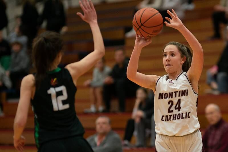 Montini’s Peyton Farrell (24) shoots a three-pointer against Providence's Bella Morey (12) during the 3A Glenbard South Sectional basketball final at Glenbard South High School in Glen Ellyn on Thursday, Feb 23, 2023.