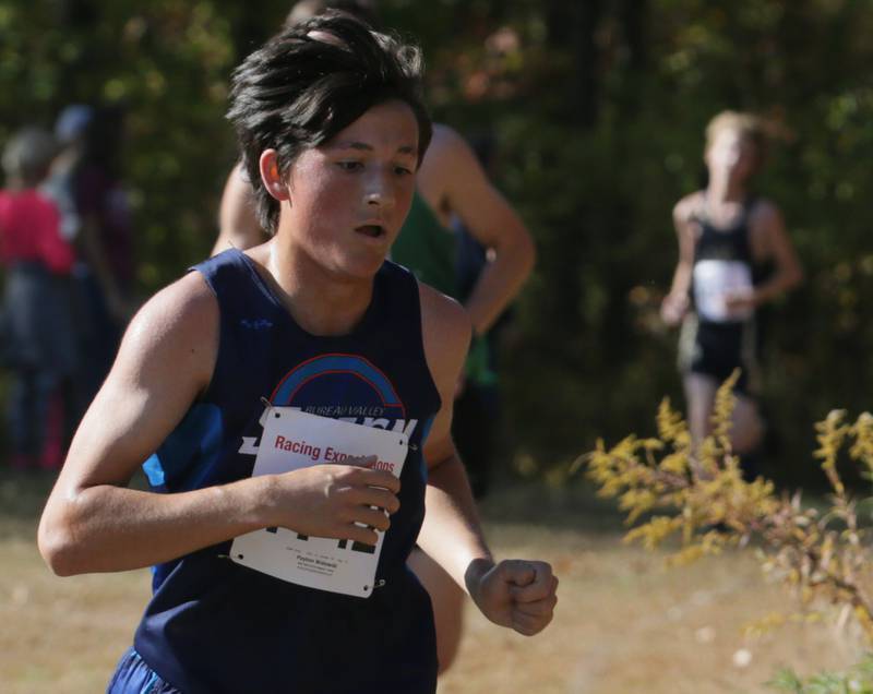 Bureau Valley's Payton Walowski runs in the Class 1A Regional Cross Country boys race on Saturday, Oct. 22, 2022 at the Seneca FFA Farm in Marseilles.