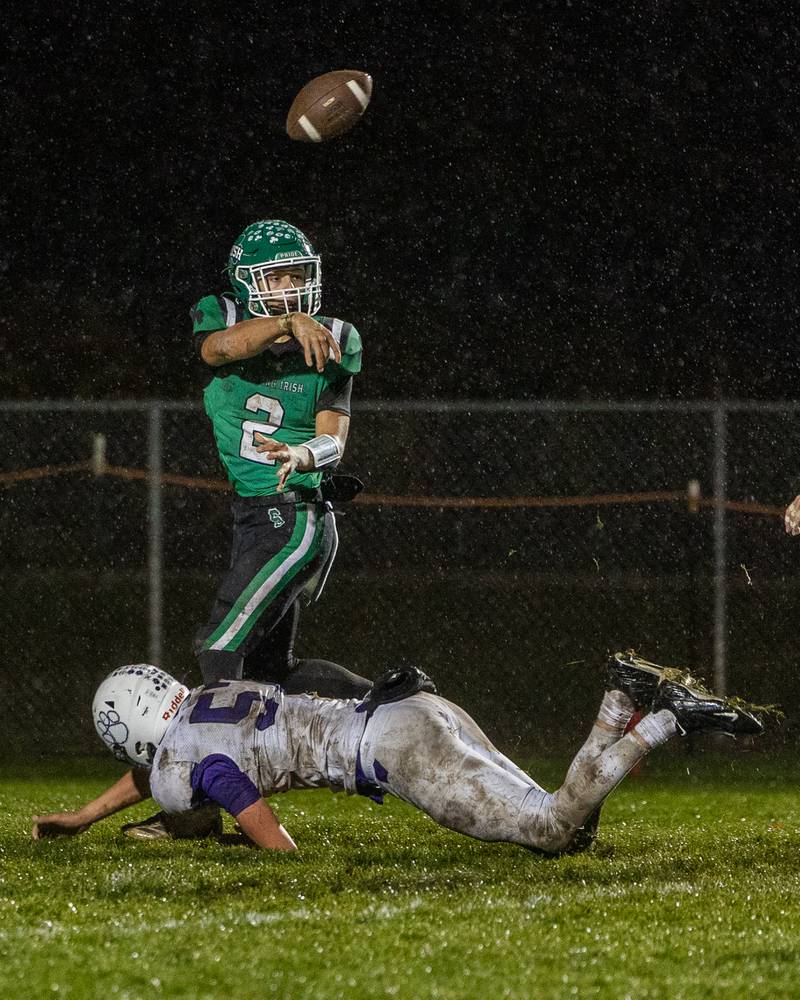 Gunnar Varland (2) of Seneca throws pass as Evan Kuypers (57) of Wilmington attempts to tackle on Saturday, November 8, 2025 at Seneca High School in Seneca.