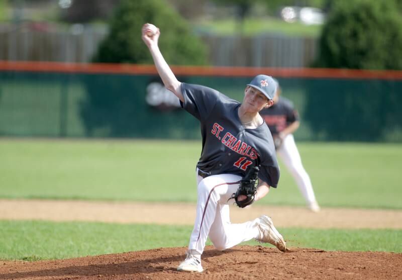 St. Charles East’s Jack McDermott pitches against Wheaton North during a home game on Monday, May 15, 2023.