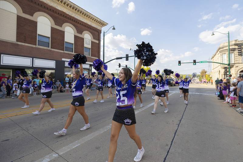 The Dixon High School cheer squad pep up the homecoming parade goers Friday, Oct. 3, 2025. The Dukes will face off against Stillman Valley tonight on the gridiron.