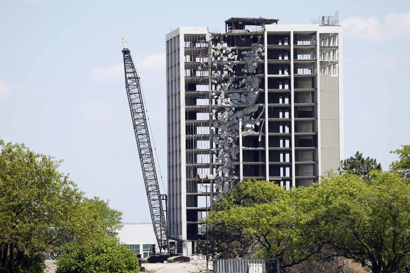 Demolition work started Friday, May 17, 2024 to bring down the last of the remaining structures at the shuttered Pheasant Run Resort in St. Charles. A 90-foot crane has sat on the west side of the tower for months after a DuPage County judge in November signed off on demolition work, estimated to cost $2.43 million. The owner of the property is paying for the demolition.