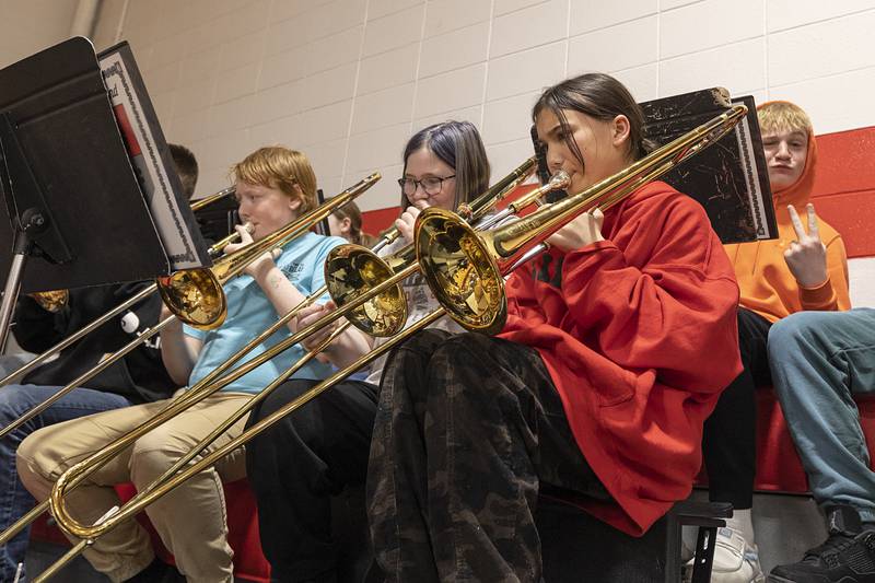 Amboy Junior High Pep Band members entertain the crowd Tuesday, Feb. 3, 2026, at a fifth and sixth grade girls basketball game.