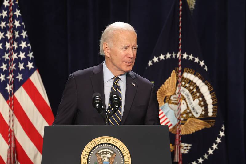 President Joe Biden speaks about Social Security and Medicare during a stop in Joliet at Jones Elementary School on Saturday.