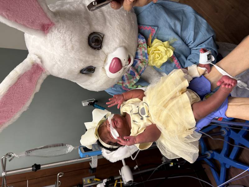 The Easter Bunny visited the 24-bed Amy, Matthew and Jay Vana Neonatal Intensive Care Unit at Silver Cross Hospital in New Lenox to bring Easter cheer to tiny patients, their families and NICU staff.
