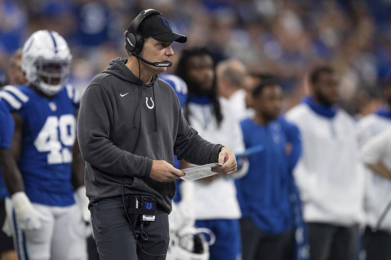 Indianapolis Colts defensive coordinator Matt Eberflus on the sidelines during a game against the Los Angeles Rams, Sunday, Sept. 19, 2021, in Indianapolis.