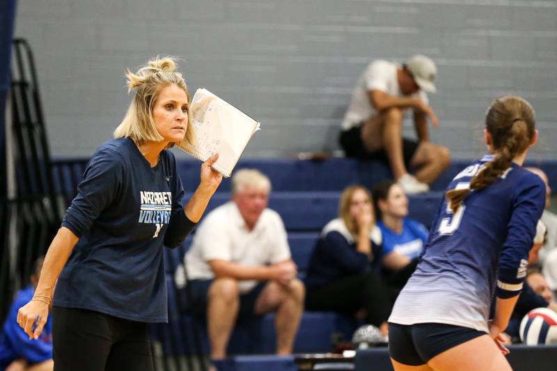 Nazareth's head coach Melissa Masterson  instructs the team during volleyball match between Nazareth at IC Catholic Prep.  Aug 29, 2023.