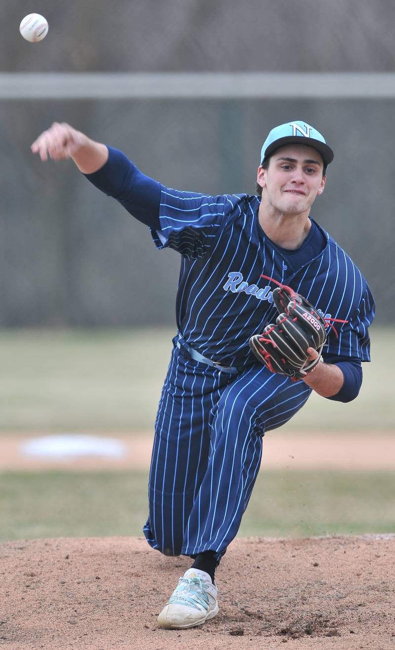 Nazareth starting pitcher Sebastian Gutierrez delivers to a Benet hitter during a game on Apr. 12, 2022 at Nazareth Academy in LaGrange Park.