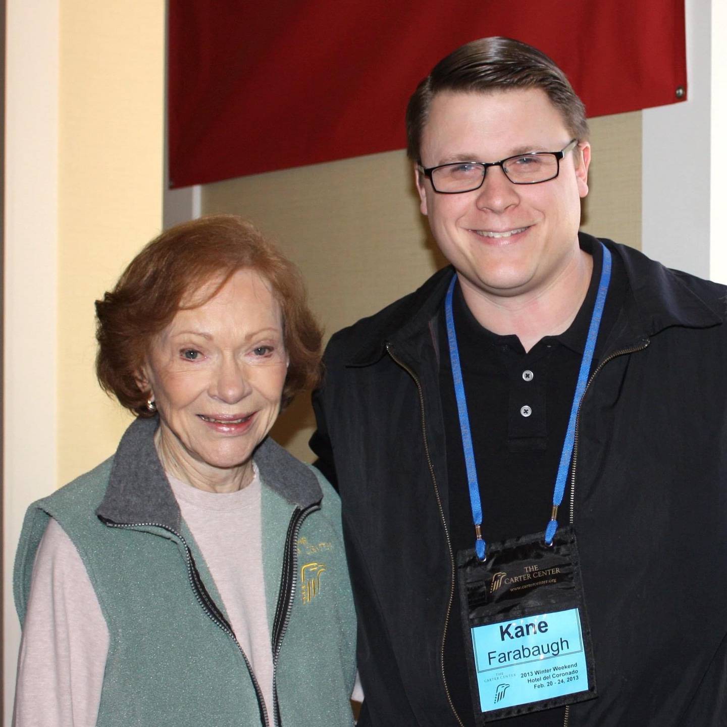 Voice of America reporter Kane Farabaugh, of Ottawa, poses with former First Lady Rosalynn Carter.