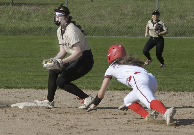 Sycamore’s Brighton Snodgrass gets the tag on 2nd base to force out Ottawa’s Annamaria Corsolini in the 3rd inning Wednesday at Ottawa.