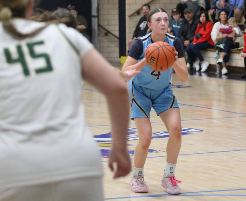 Marquette's Hunter Hopkins looks to shoot a jump shot against St. Bede during the Class 1A Regional semifinal game on Monday, Feb,. 12, 2024 in Bader Gym.
