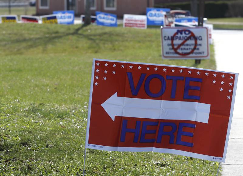 Campaign sighs on Tuesday, March 19, 2024,  outside the McHenry City Hall during the spring primary election.