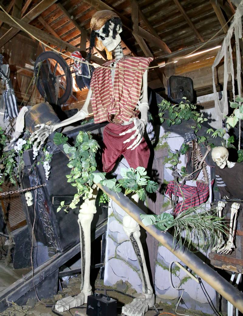 A giant 12 foot skelton dressed as a pirate greets visitors to the Nightmare on Fairgrounds Road Haunted Attraction on Wednesday, Sept. 25, 2024 at the Bureau County Fairgrounds in Princeton.