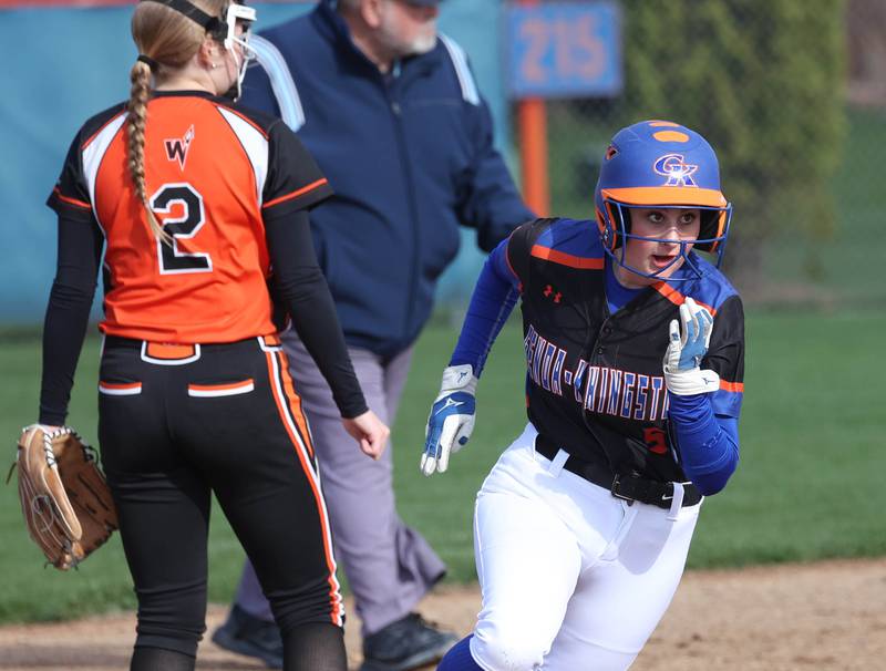 Genoa-Kingston’s Abigail Fellows rounds second base during their game against Winnebago Monday, April 21, 2025, at Genoa-Kingston High School.