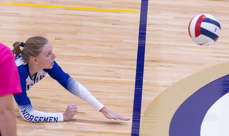 Newark's Morgen Hergenhahn goes for a pancake during the Little Ten Conference Volleyball Tournament Championship on Saturday, Oct. 11, 2025 at Serena High School.