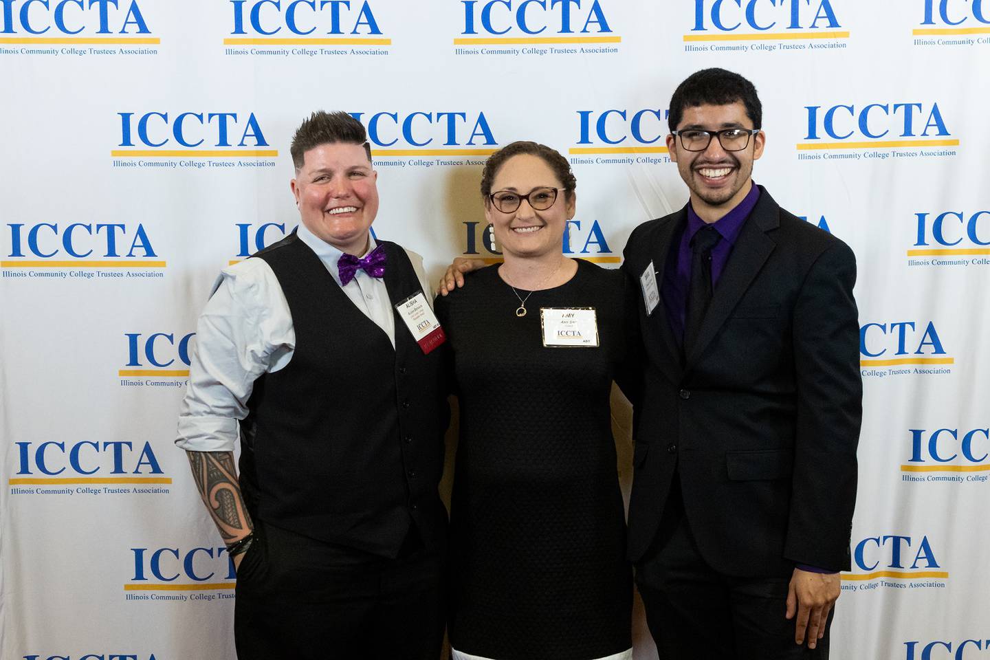 Alisha Brennon, a 2017 graduate of the Joliet Junior College orthotics and prosthetics program (left), won the Pacesetter Award from the Illinois Community College Trustees Association in 2021. Brennon is pictured with Amy Kuspa-Sims, manager of the Office of Student Affairs at JJC, and David Lozano, JJC student trustee.