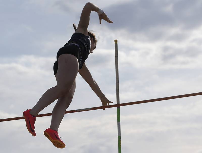 Burlington Central’s Tia Brennan pole vaults  Friday, May 5, 2023, during the Fox Valley Conference Girls Track and Field Meet at Huntley High School.