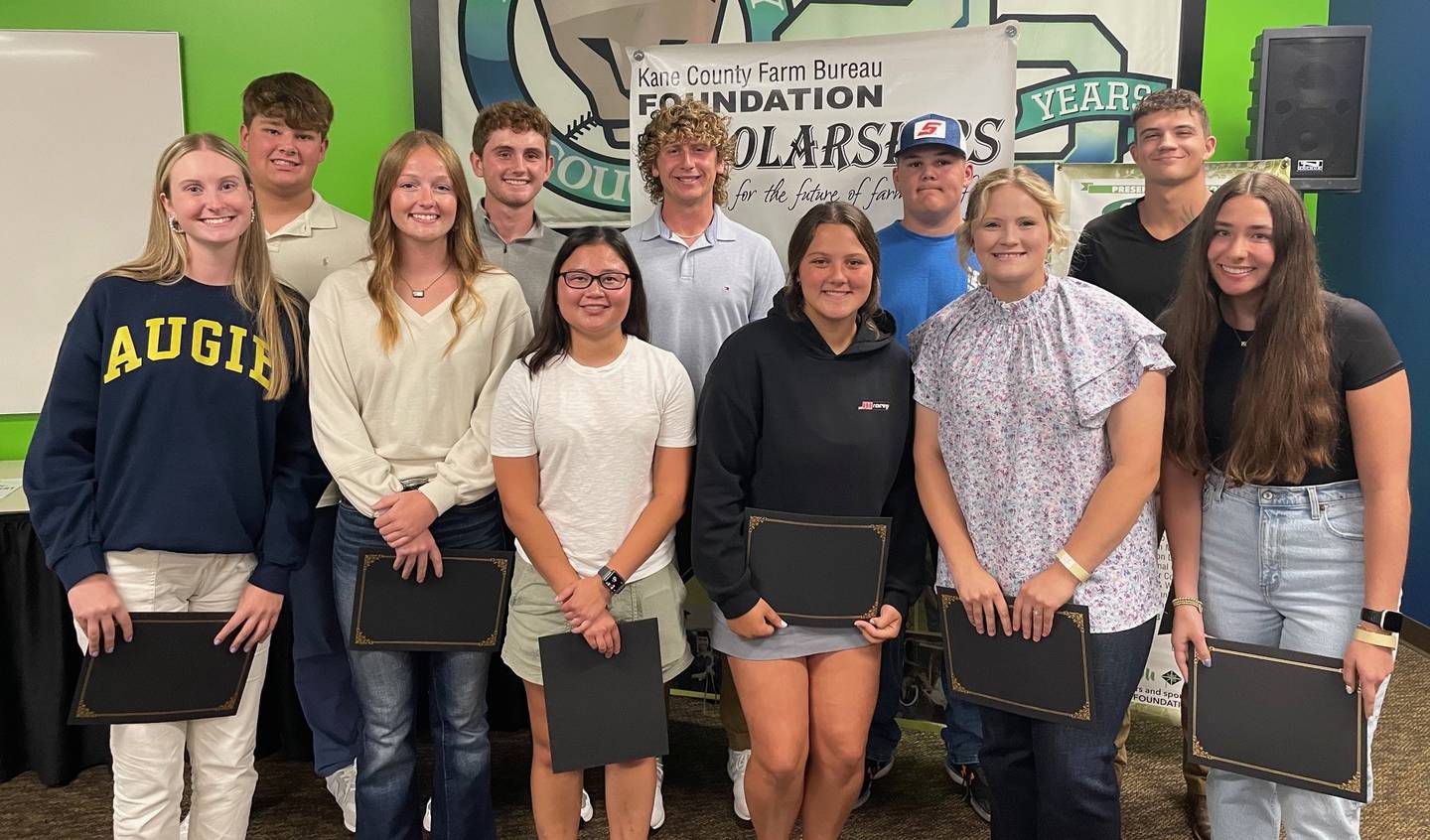 The Kane County Farm Bureau awarded $45,000 in 11 scholarships last year. Recipients are front row left Nora Thompson, Maple Park; Cheyanne Judd, Cortland; Elizabeth Kleckner, Sycamore; Georgia Harvell, Maple Park; and Kayla Schaffer, Batavia. Back row from left Maxwell McCoy, Sugar Grove; Patrick Collins, Elburn;  Joseph Kowall, Elgin; Reese Klug, Hampshire; Joseph Ramm, DeKalb; William Metz, Plato Center, accepting on behalf of his brother, Eric.