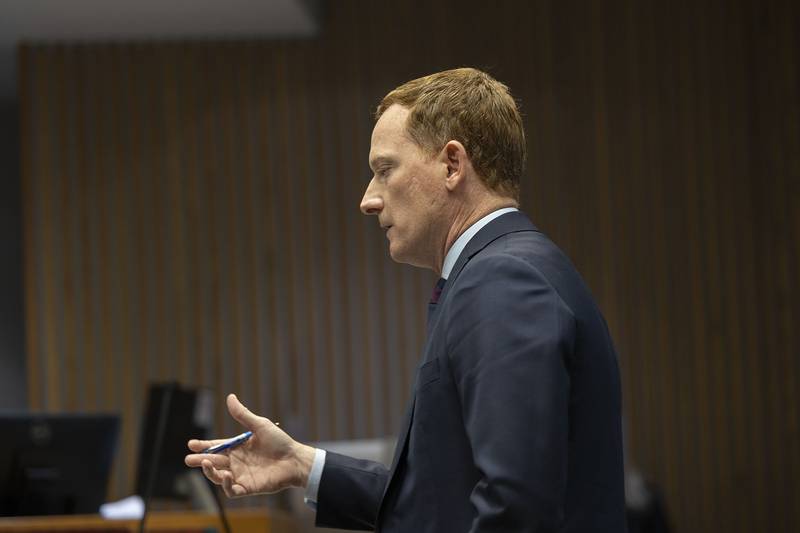 Attorney Michael Gallagher questions retired Sterling Fire Chief Michael Dettman Wednesday, Nov. 12, 2025, during the Ramos wrongful death trial in Whiteside County Court.