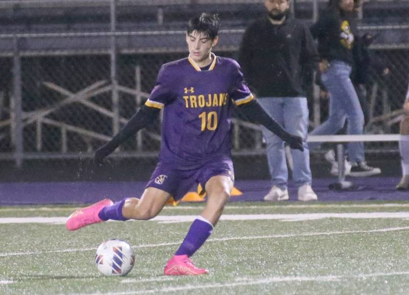 Mendota's Johan Cortez kicks the ball into the Kewanee box during the Class 1A Regional game on Wednesday Oct. 18, 2023 at Mendota High School.