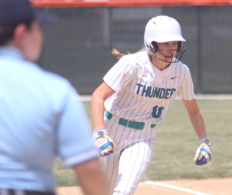 Woodstock North’s Gwen Lalor heads for home to score against Crystal Lake Central in IHSA Class 3A Regional Title Game softball action on Saturday, May 23, 2026 at Crystal Lake Central High School in Crystal Lake.