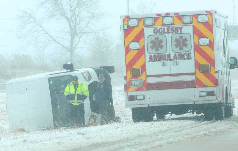 Oglesby EMS work the scene of a one-vehicle crash in the median near mile post 35 between Illinois Route 251 and Illinois Route 71 exits on Monday, March 16, 2026 near Oglesby. One person was entraped and escaped with no injuries.