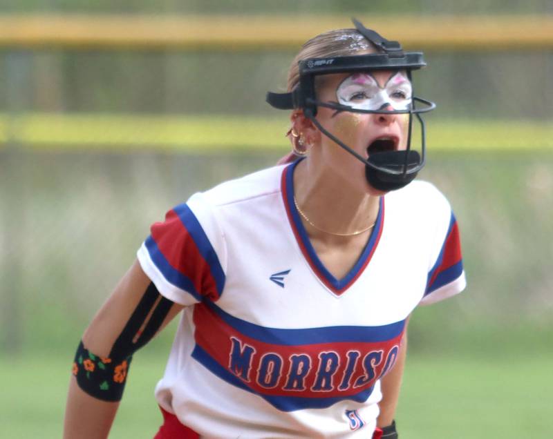 Morrison’s Bella Duncan howls after recording a first-inning strikeout against Marengo in IHSA Class 2A Sectional Semifinal softball action at Marian Central High School in Woodstock on Thursday, May 29, 2025.