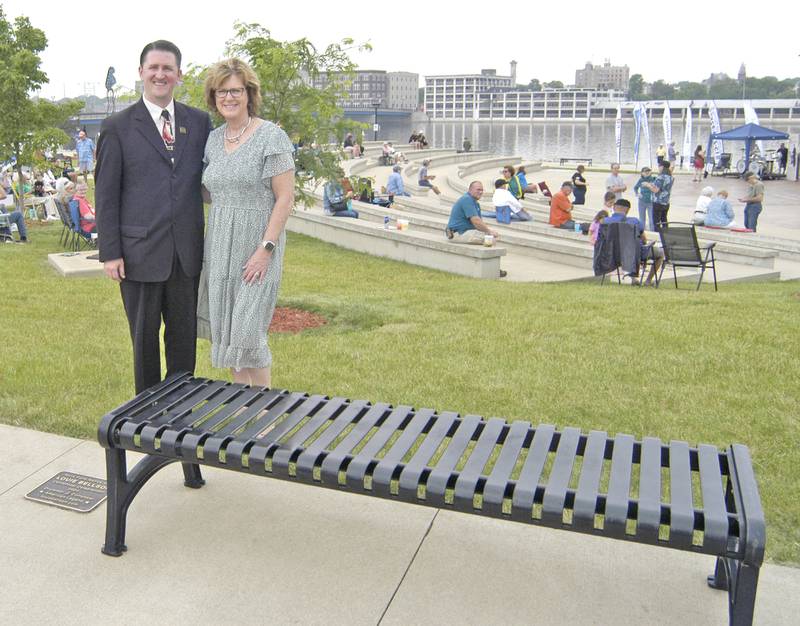 Bellson exoert Josh Duffee and RF Director of Tourism pose at the dedication of the Bellson plaque. The  Bellson Music fest was held on Saturday, June 7, 2025 at RB&W District Amphitheater in Rock Falls.